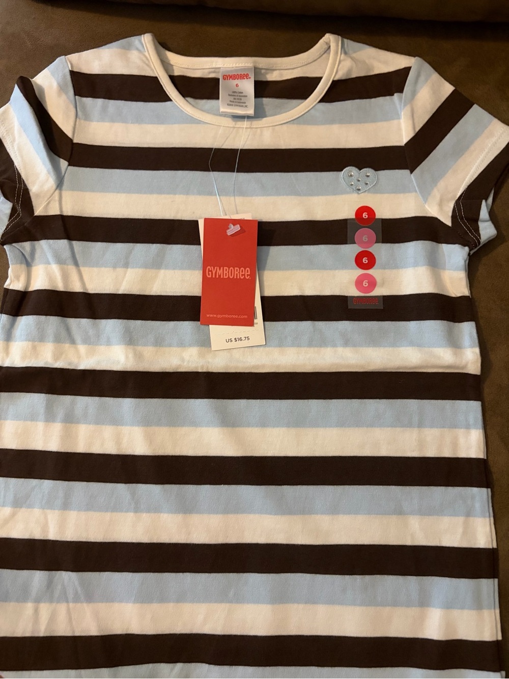 NWOT Gymboree Girls' Blue & Brown Striped Short Sleeve Top — Size 6